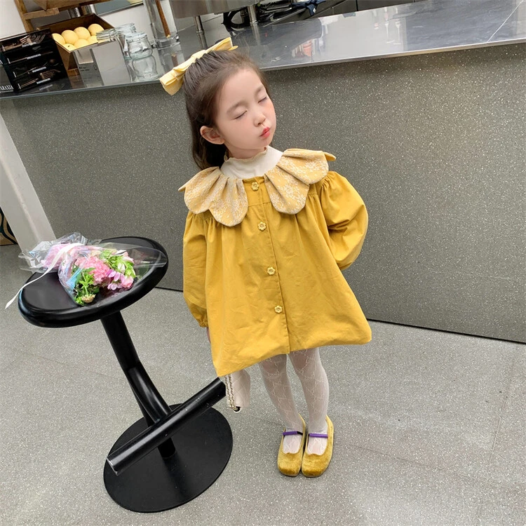 女童风衣儿童外套上衣洋气宝宝娃娃领韩版翻领童装春秋中长款