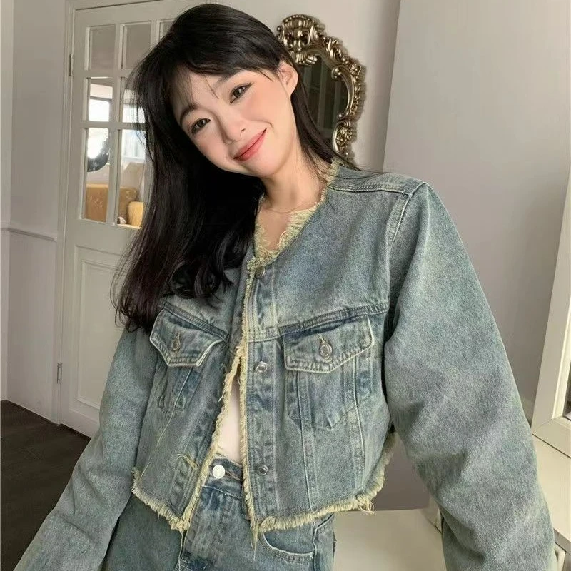 复古水洗百搭牛仔套装女春季2023新款长袖外套高腰半身裙两件套潮