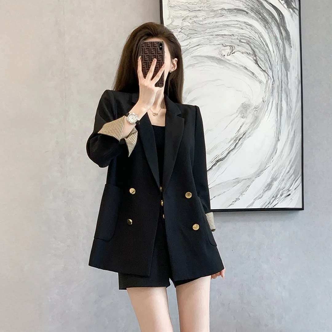 2025春秋新款法式复古英伦风宽松显瘦高端双排扣黑色翻袖西装外套