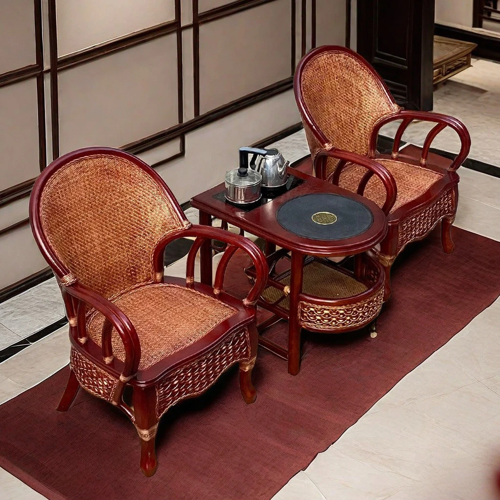 红色高靠背藤椅三五件套印尼真藤编织阳台桌椅客厅家用茶桌椅办公