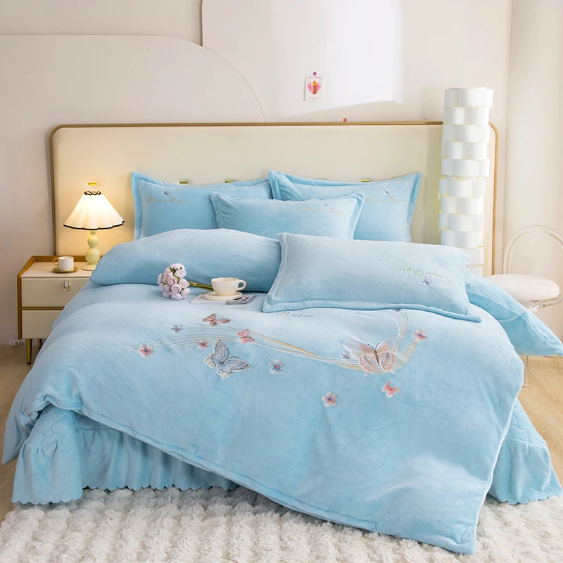 【焕情】新款A类婴儿绒加厚秋冬 绣花纯色牛奶绒床盖四件套床上用品