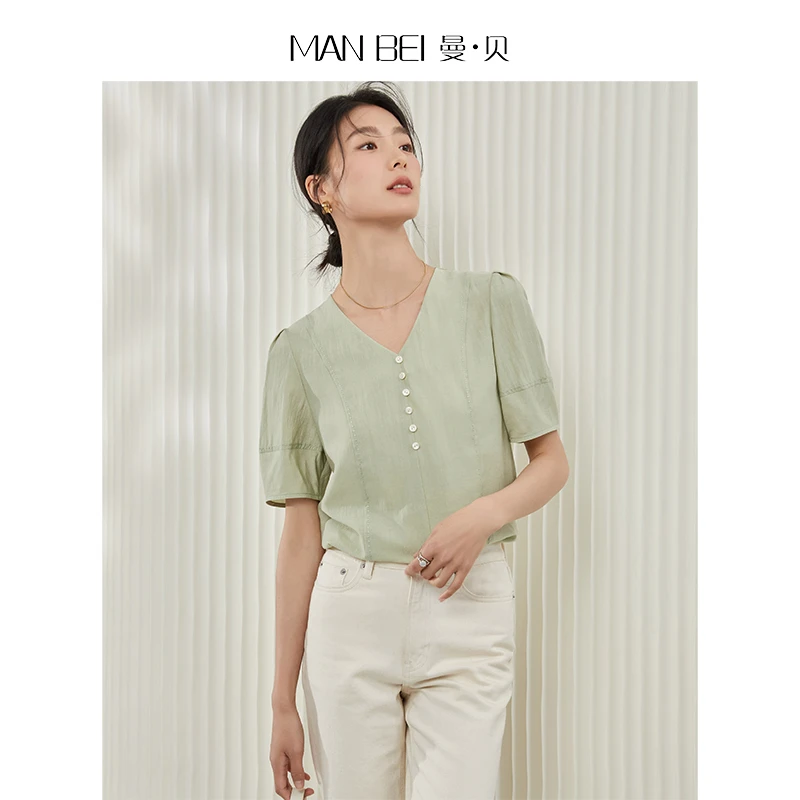 【MANBEI】短袖衬衫女2024夏季新款上衣高端气质衬衣8492008