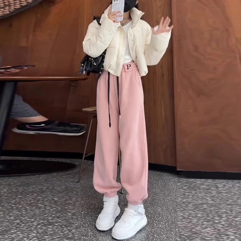 粉色痞雅裤运动卫裤子女春秋2025新款宽松阔腿裤休闲束脚哈伦裤潮