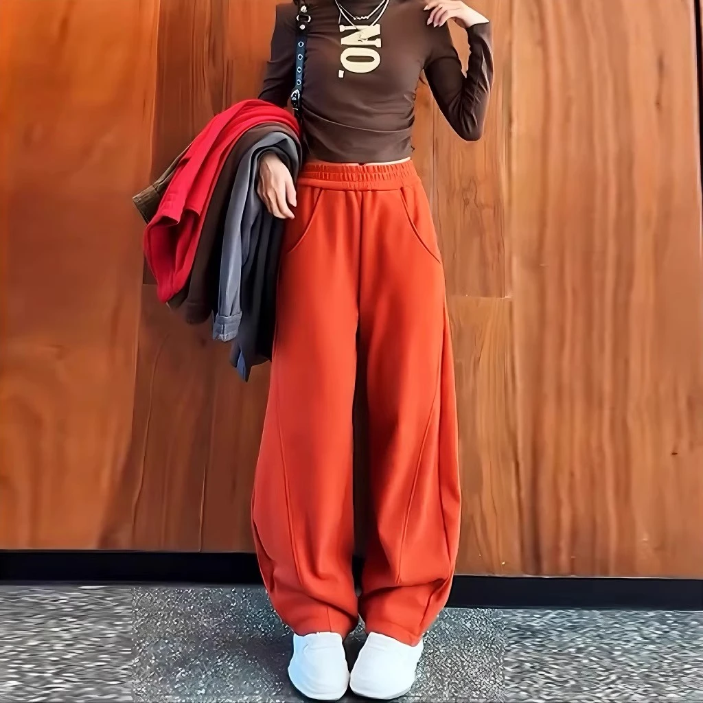 脏橘色加绒阔腿裤子女春秋2025新款爆款韩版高腰小个子雅痞直筒裤