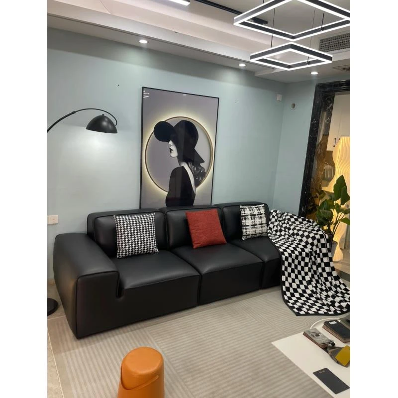 大黑牛客厅现代简约黑色直排沙发家用北欧极简皮艺免洗意式方形