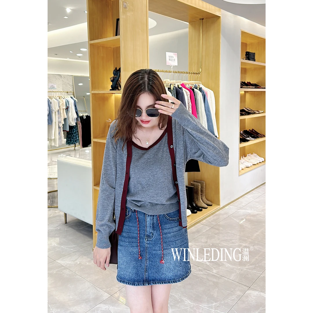 温澜服饰·雅“知秋”撞色V领两件套开衫90353