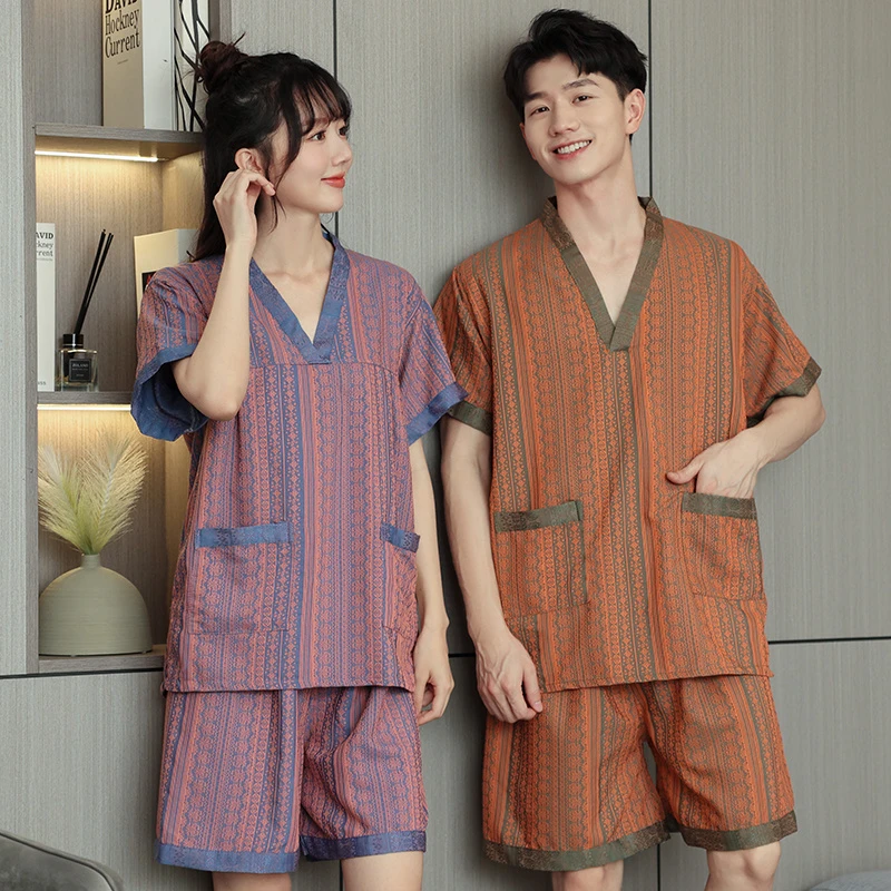 弹力情侣汗蒸服女款条纹大码男款足疗家居浴衣套装透气舒适柔软