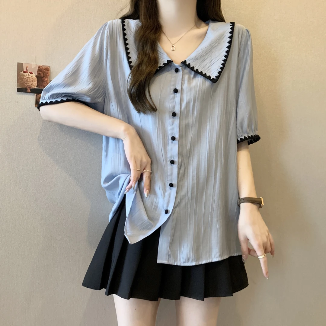 法式贝壳绣小衫垂感肌理撞色娃娃领衬衣大码直筒夏季宽松简约上衣