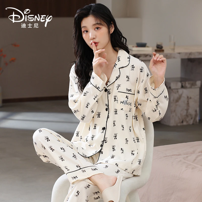 Disney/迪士尼开衫情侣睡衣米奇云朵棉绸舒适家居服套装0086女款
