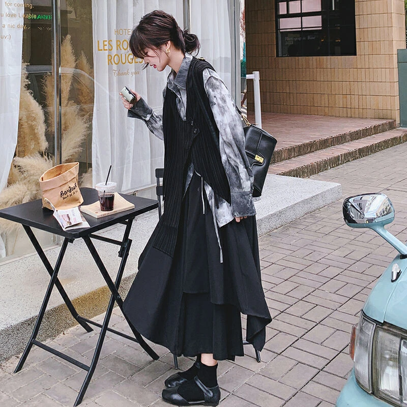 不规则马甲水墨衬衫套装裙女2025年春秋新款小众设计半身裙三件套