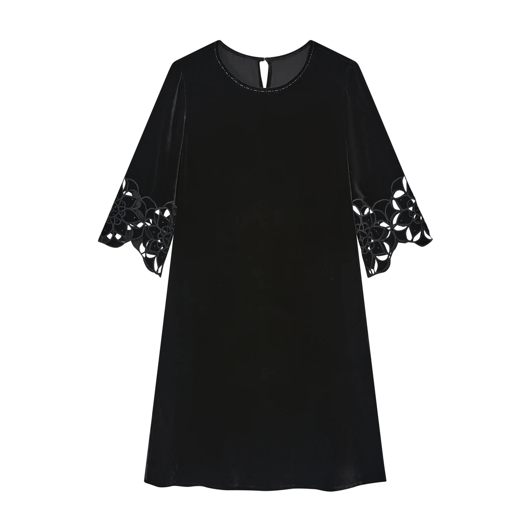 清平乐百分百桑蚕丝宽松连衣裙宽松连衣裙气质镂空刺绣时尚B120