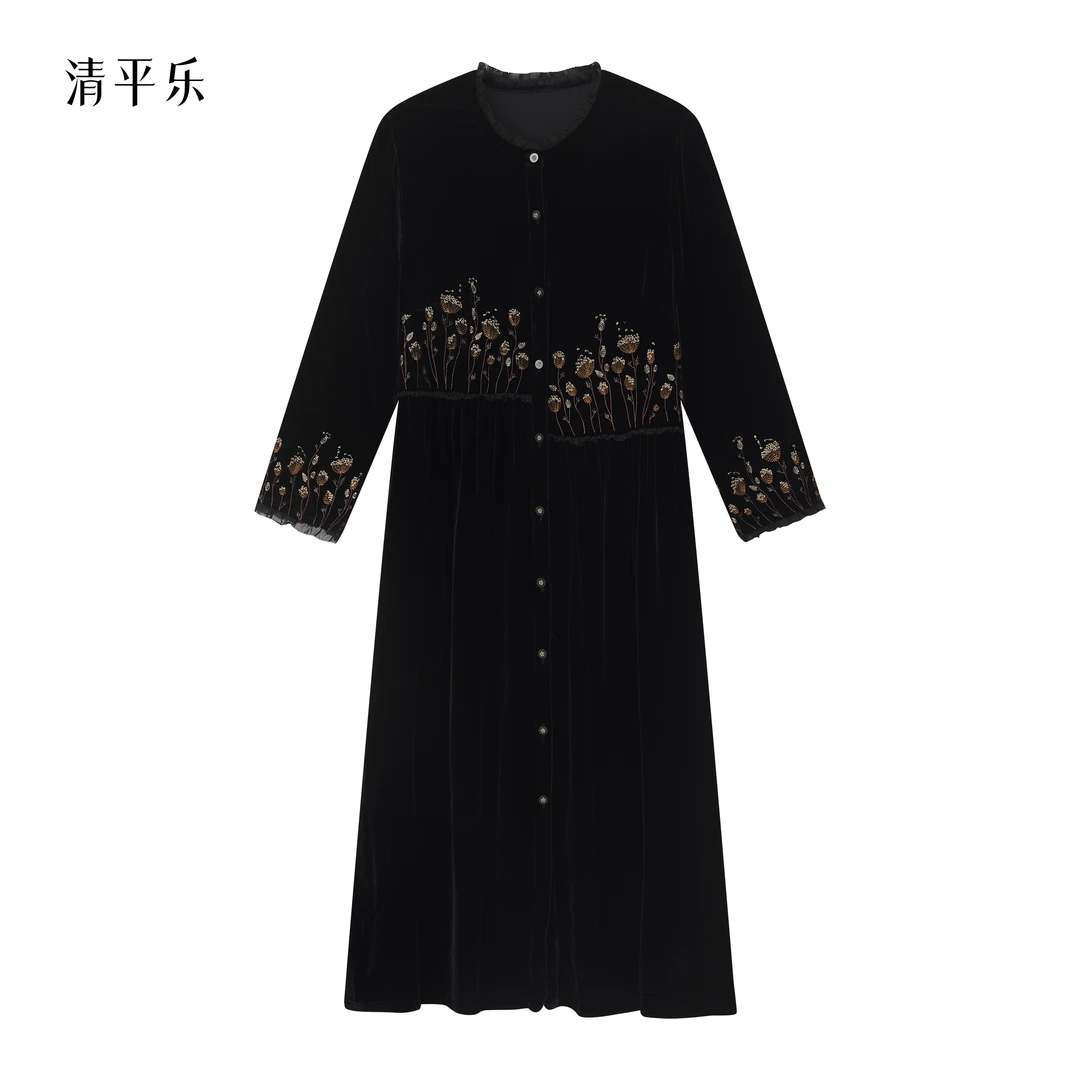 清平乐「水仙花」真丝丝绒长款风衣气质连衣裙B124