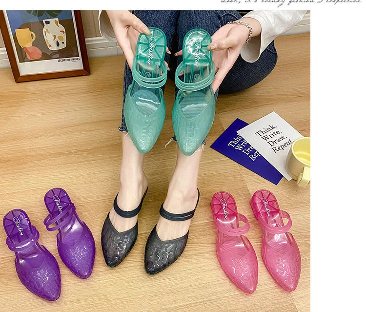 新款尖头水晶凉鞋女夏外穿防滑中跟舒适百搭单鞋简约果冻包头两穿