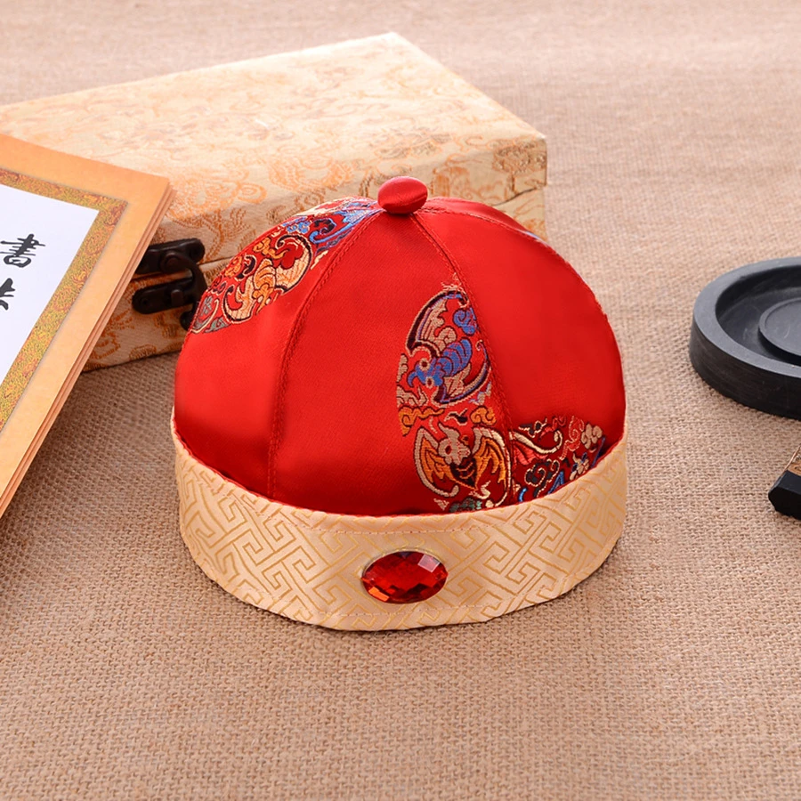 婴儿帽子唐装地主帽男女宝宝红色少爷阿哥帽新生儿满月百岁周岁帽