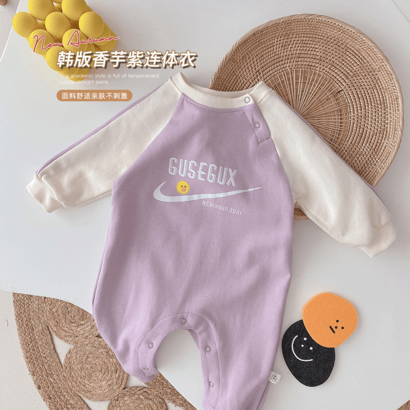 网红婴儿撞色连体衣 0-2岁秋季女宝宝洋气印花包屁衣新生儿爬服
