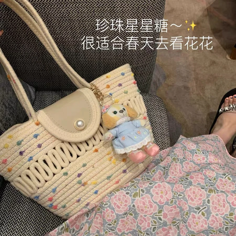 新款简约珍珠扣米色彩点镂空包大容量编织手提腋下包潮流编织包