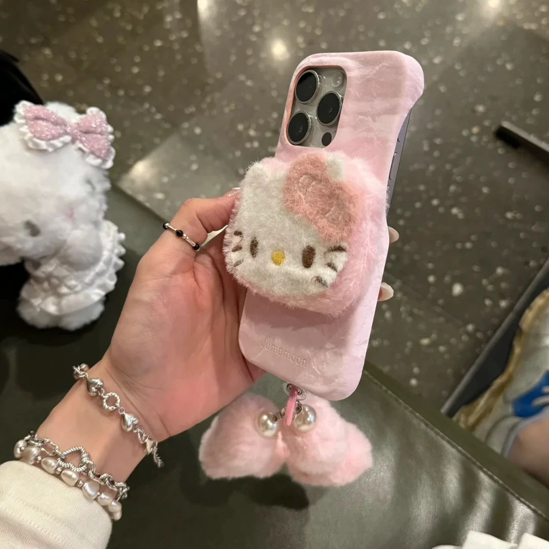 粉绸缎少女感立体毛绒kt猫苹果16适用15pro可爱14保护壳13手机壳