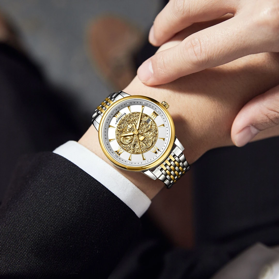 经典真金祥龙浮雕防水间金钢带男士腕表m6800-tz-z