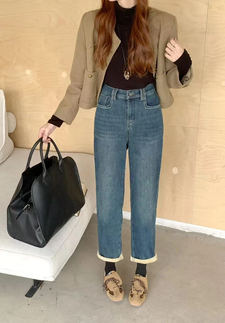 秋冬季加绒加厚大码高腰弹力直筒牛仔裤舒适柔软宽松休闲