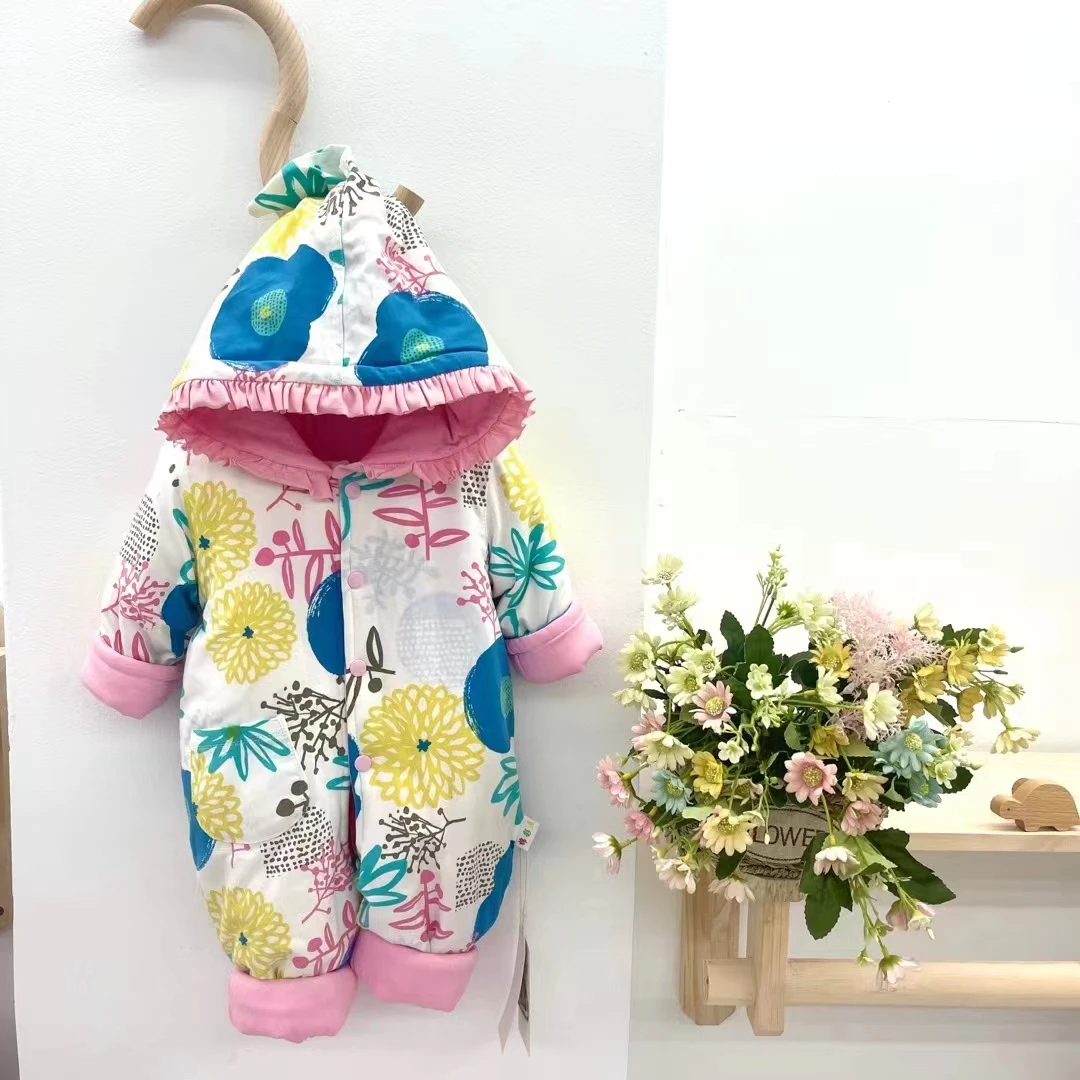 婴幼儿带帽薄棉衣 宝宝连体衣 爬爬服春秋装