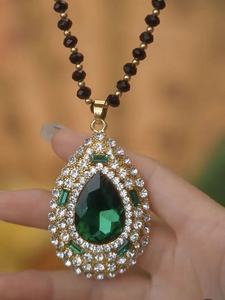非金属仿水晶项链 秋冬满钻复古绿色宫廷风水滴镶嵌长款毛衣链女