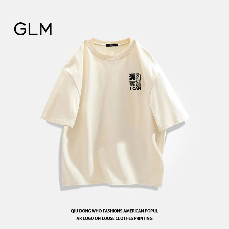 GLM小众设计感ins男士夏季复古潮流圆领宽松休闲百搭简约印花半袖