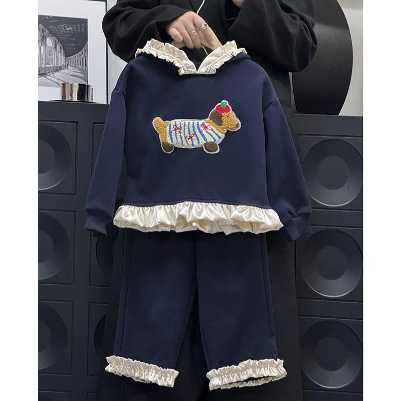 秋冬童装女童秋装洋气套装新款中小童花边长袖卫衣卫裤加绒款时尚