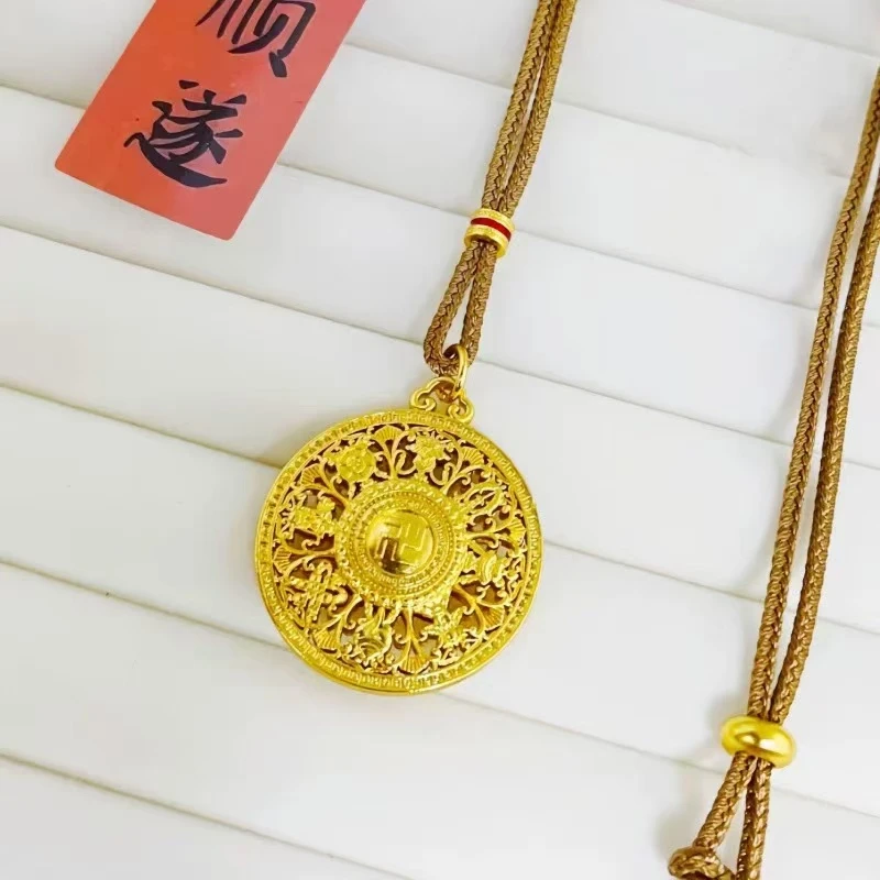 钛钢项链 万字双面雕刻八宝罗盘吊坠手工绳毛衣链