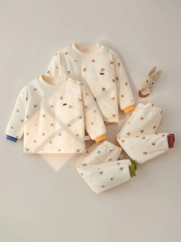 儿童内衣套装夹棉男童秋衣裤女宝宝春秋季保暖家居服肩开婴儿衣服