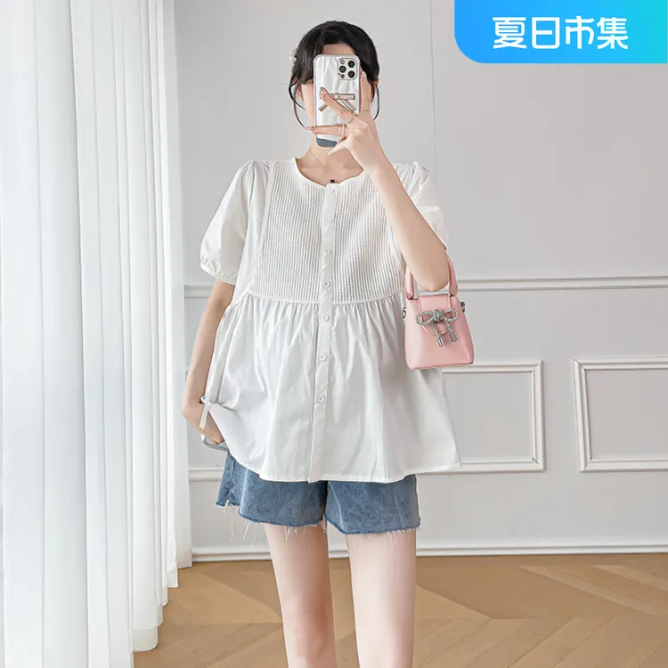 孕妇装2024夏季时尚款外穿宽松显瘦拼接气质孕妇假两件短袖衬衫