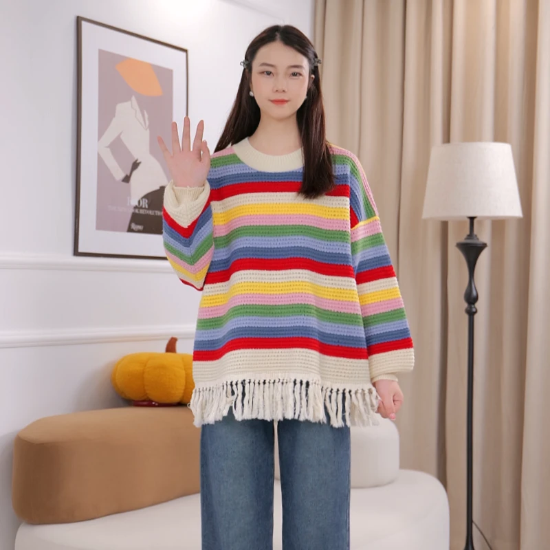 孕妇装2024秋冬新款时尚宽松显瘦百搭圆领彩虹条纹流苏针织毛衣