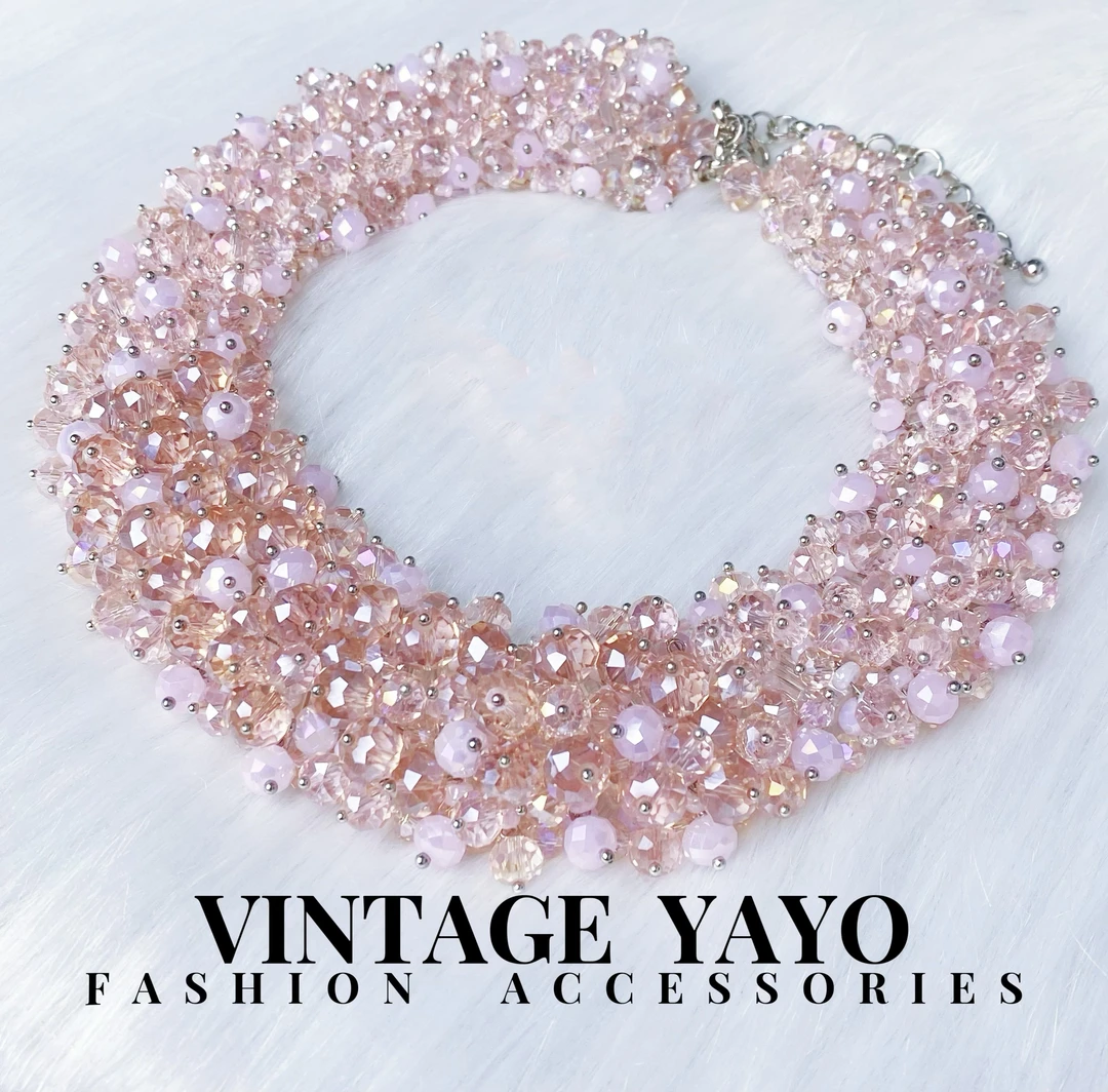 铜合金项链 中古手工法式轻奢古典时尚新款晶晶粉珠宽项圈11350