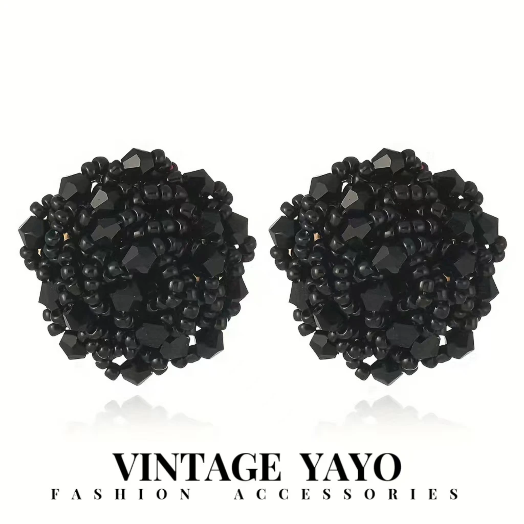 铜合金耳饰 80685中古轻奢时尚手工法式百搭新款黑亮耳饰