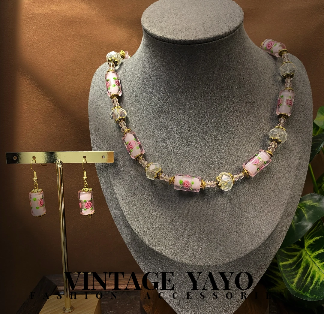 铜合金琉璃项链 手工法式古典时尚百搭粉色轻奢雕花项链套装11800