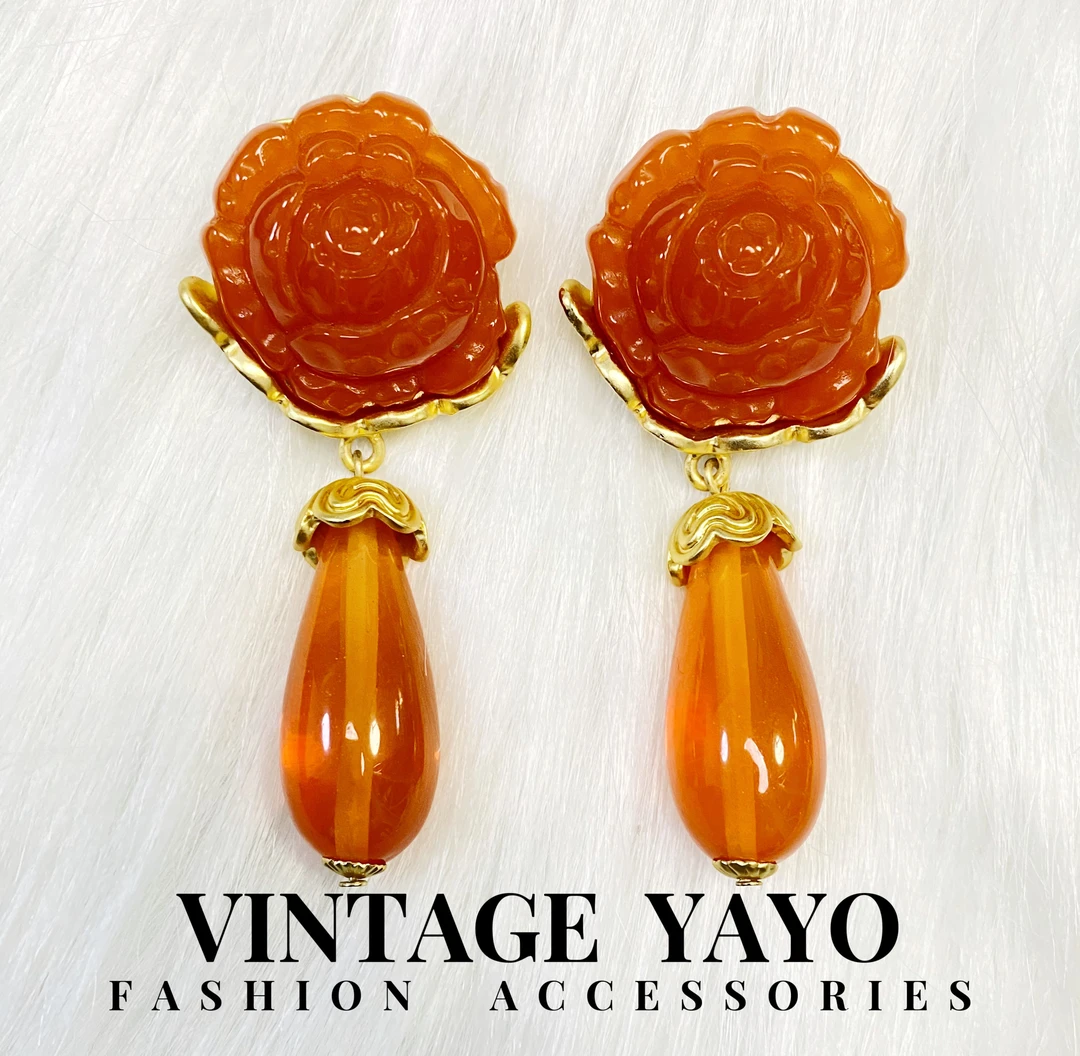 铜合金耳饰 轻奢时尚复古中古手工气质夸张水滴桔花赞耳饰80500