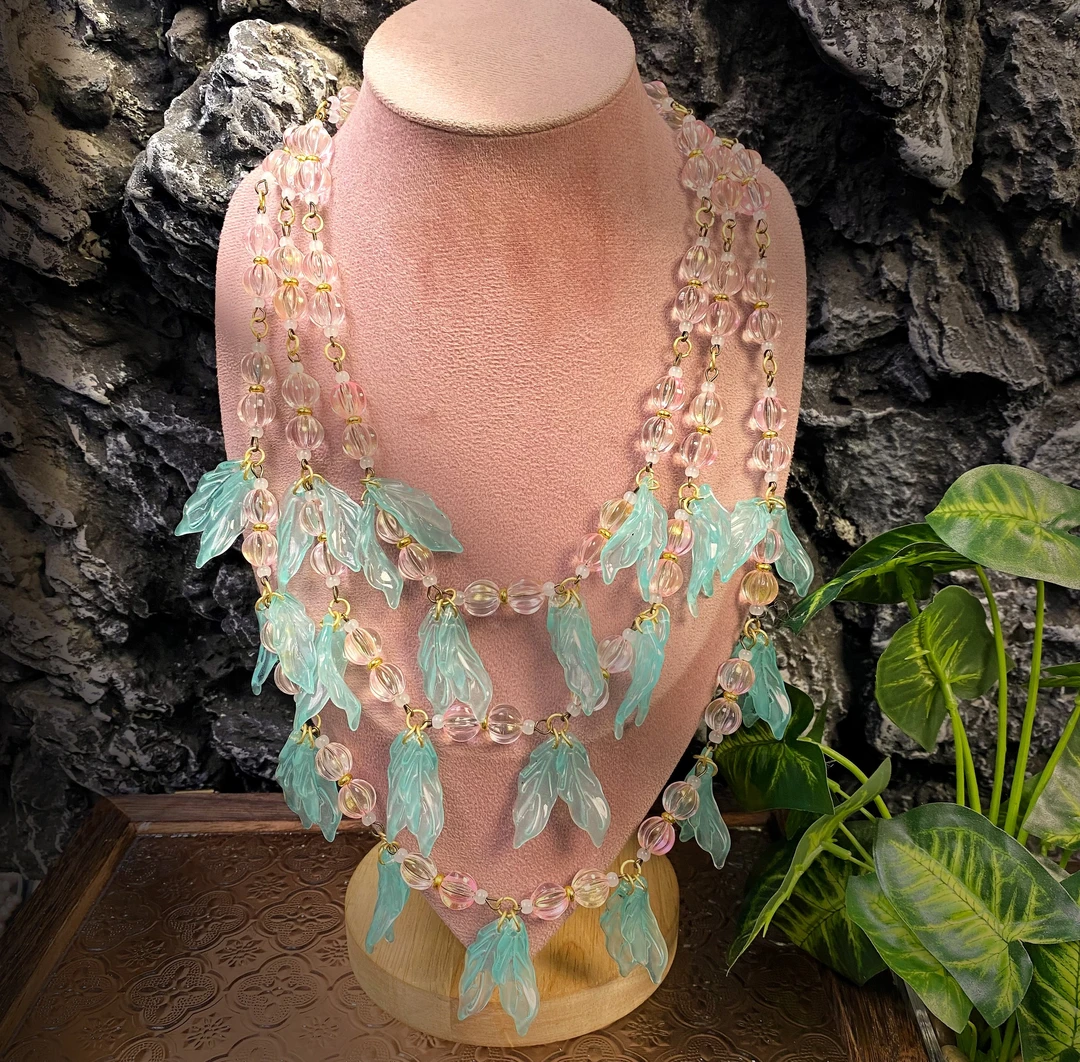 铜合金项链 手工法式古典时尚百搭简约轻奢粉蓝树叶流苏项链11715