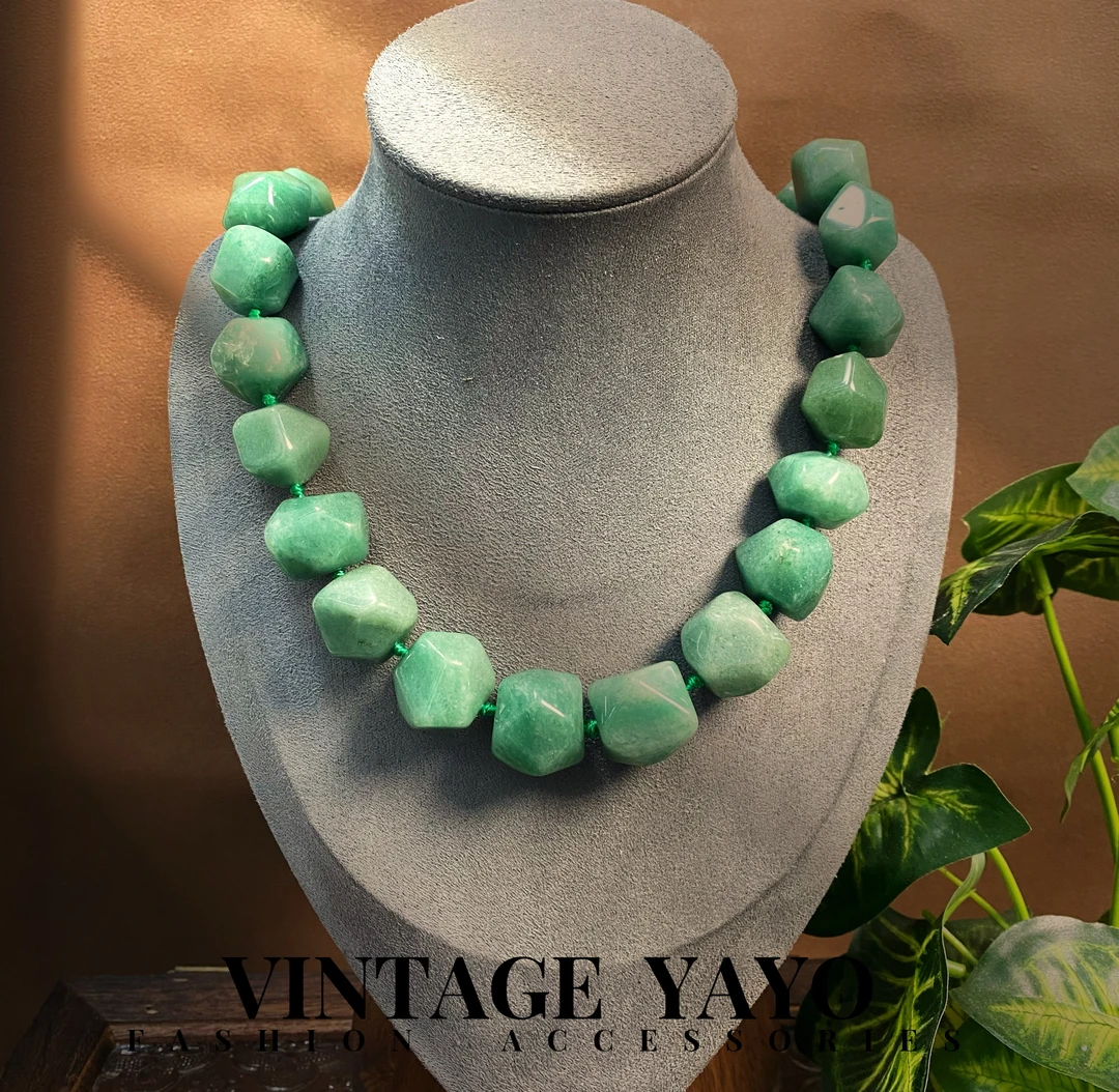 中古手工轻奢复古绿色不规则单圈项链11810