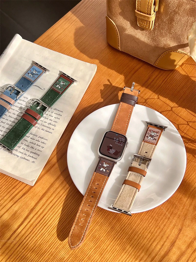 酷趣秋冬拼色贴标羊绒拼皮适用苹果表带iwatch10/9/8/7/SE表带