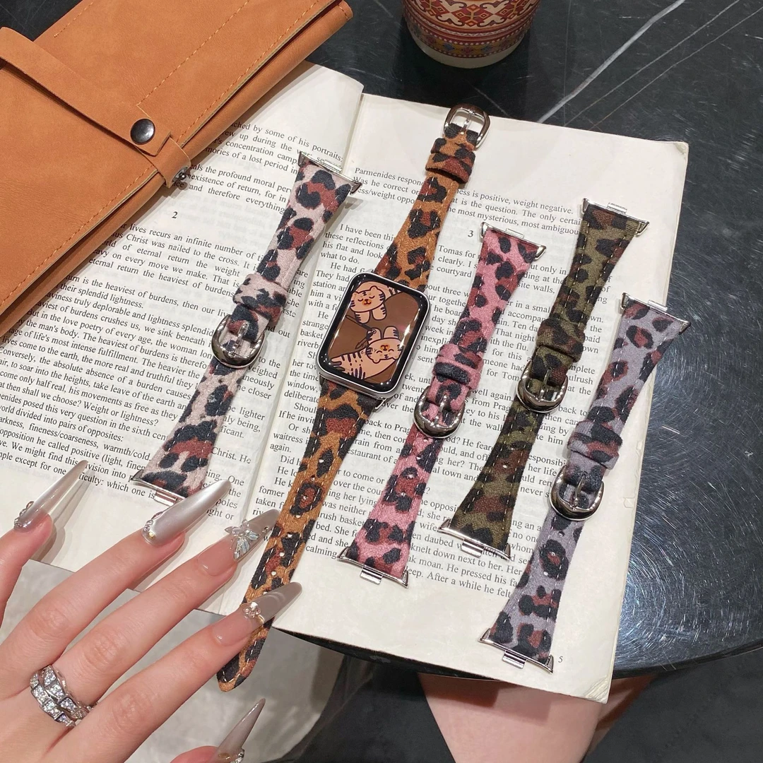 酷趣豹纹皮质表带适用小米手环9/8pro苹果手表表带iwatch10S987SE