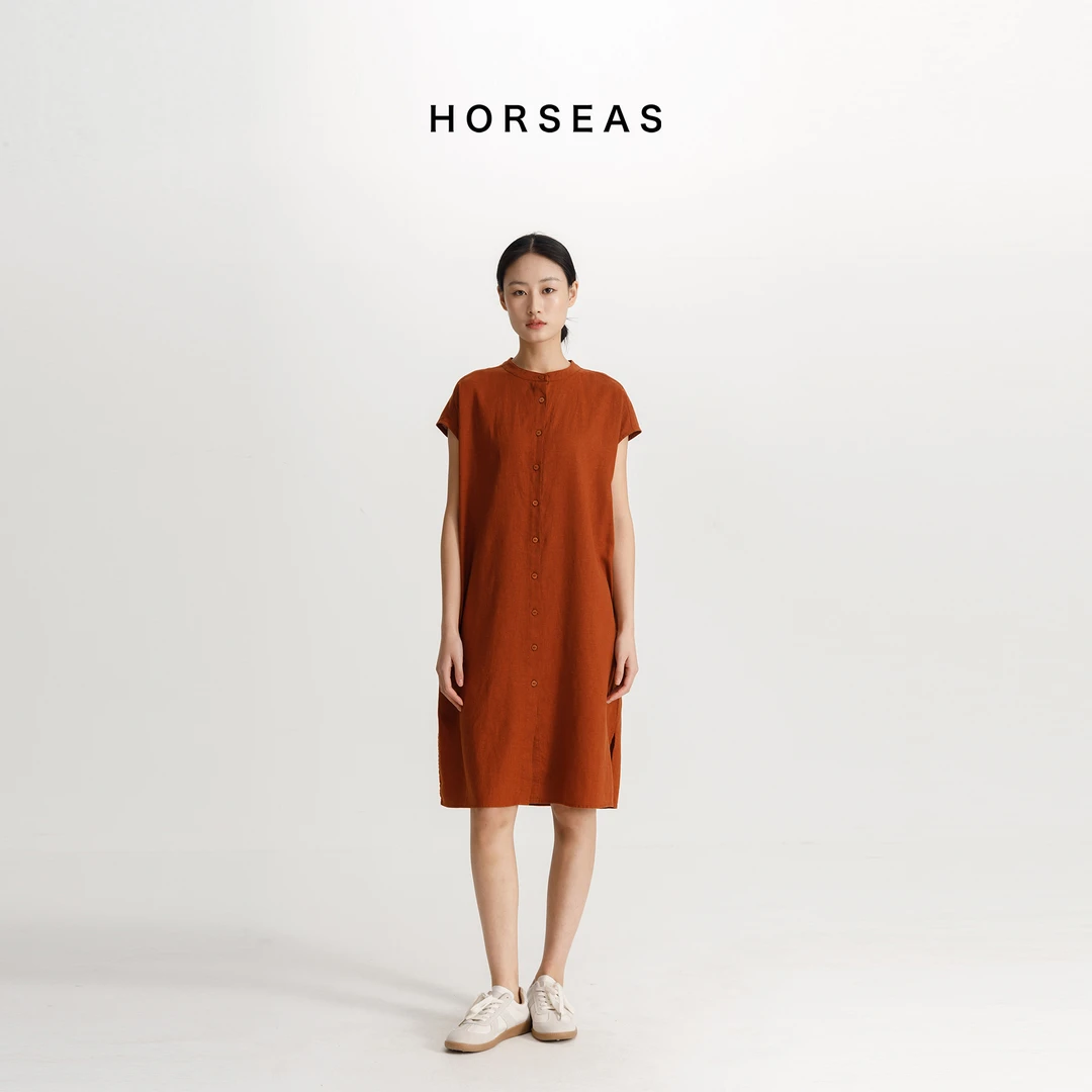 气质休闲纯色复古圆领中长款女装连衣裙