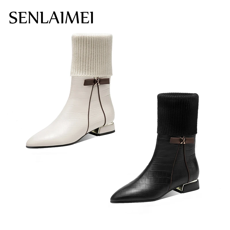 低跟圆头袜靴/牛皮/35-42/绒里/3692蝴蝶结粗跟毛线筒中筒靴短靴