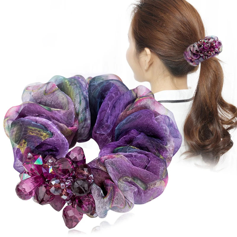 韩国水晶欧根纱发圈妈妈头花肥肠圈新款高马尾丸子头绳优雅发绳女