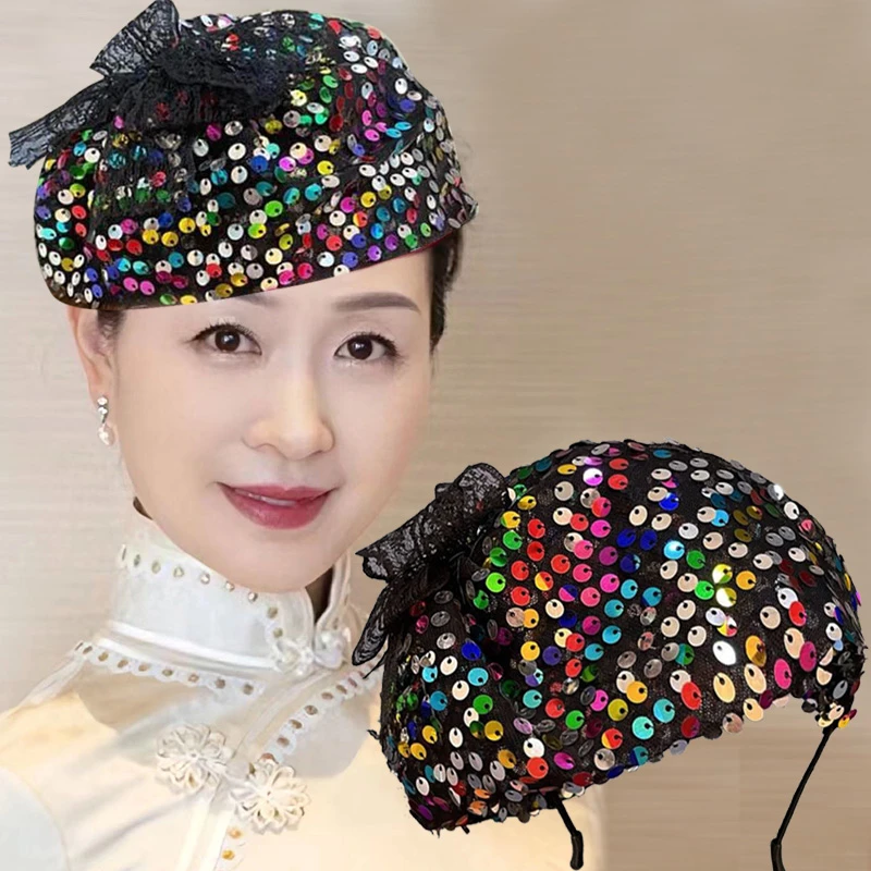 亮片复古蝴蝶结发箍布艺半帽头箍遮白发宴会演出发卡遮前额头饰女