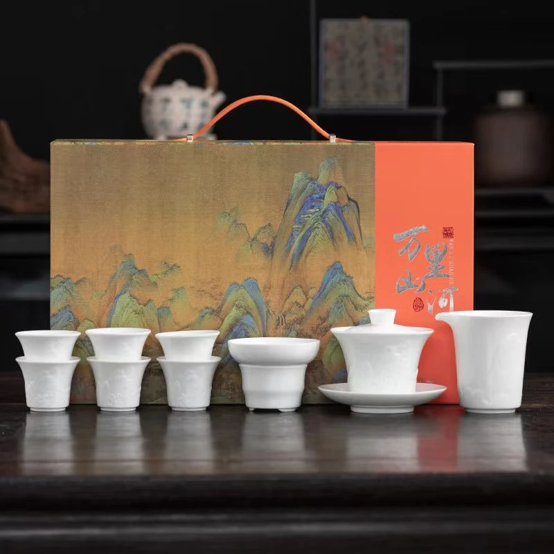 万里山河冰种玉瓷家用中式轻奢三才盖碗浮雕纯白茶具套装礼盒装