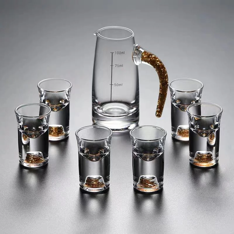 水晶小酒杯一口杯镶金箔玻璃分酒器茅台杯酒具（无礼盒安全包装）