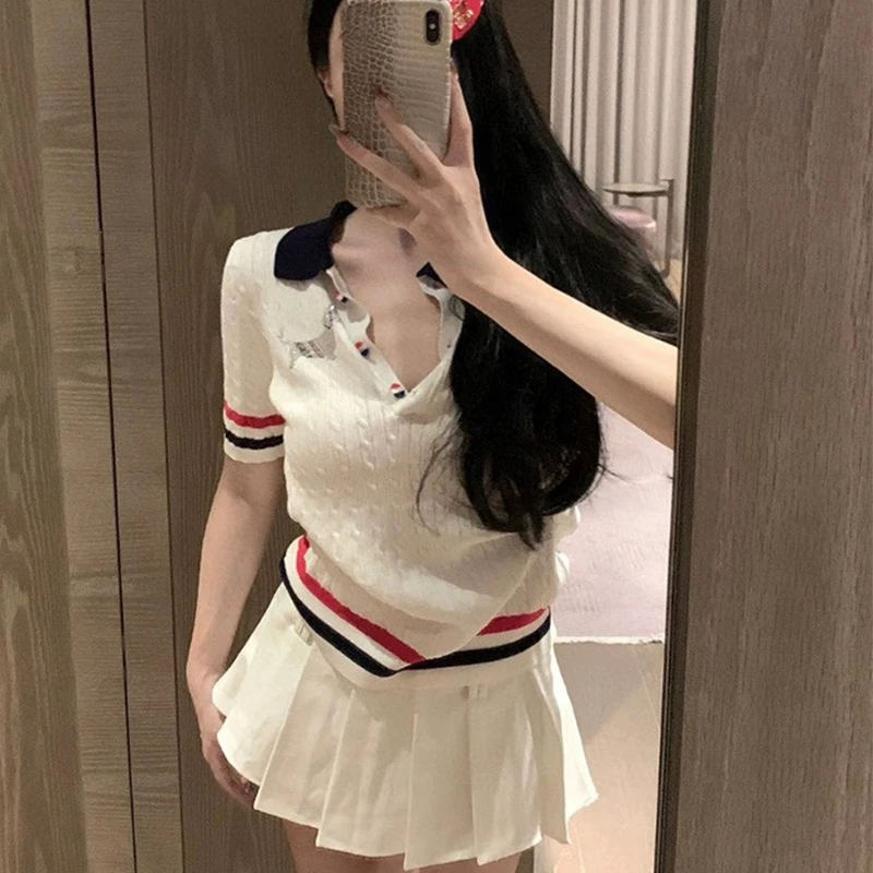 【烫钻小狗】24夏新款TB针织衫女设计感时尚百搭polo短袖上衣学院风