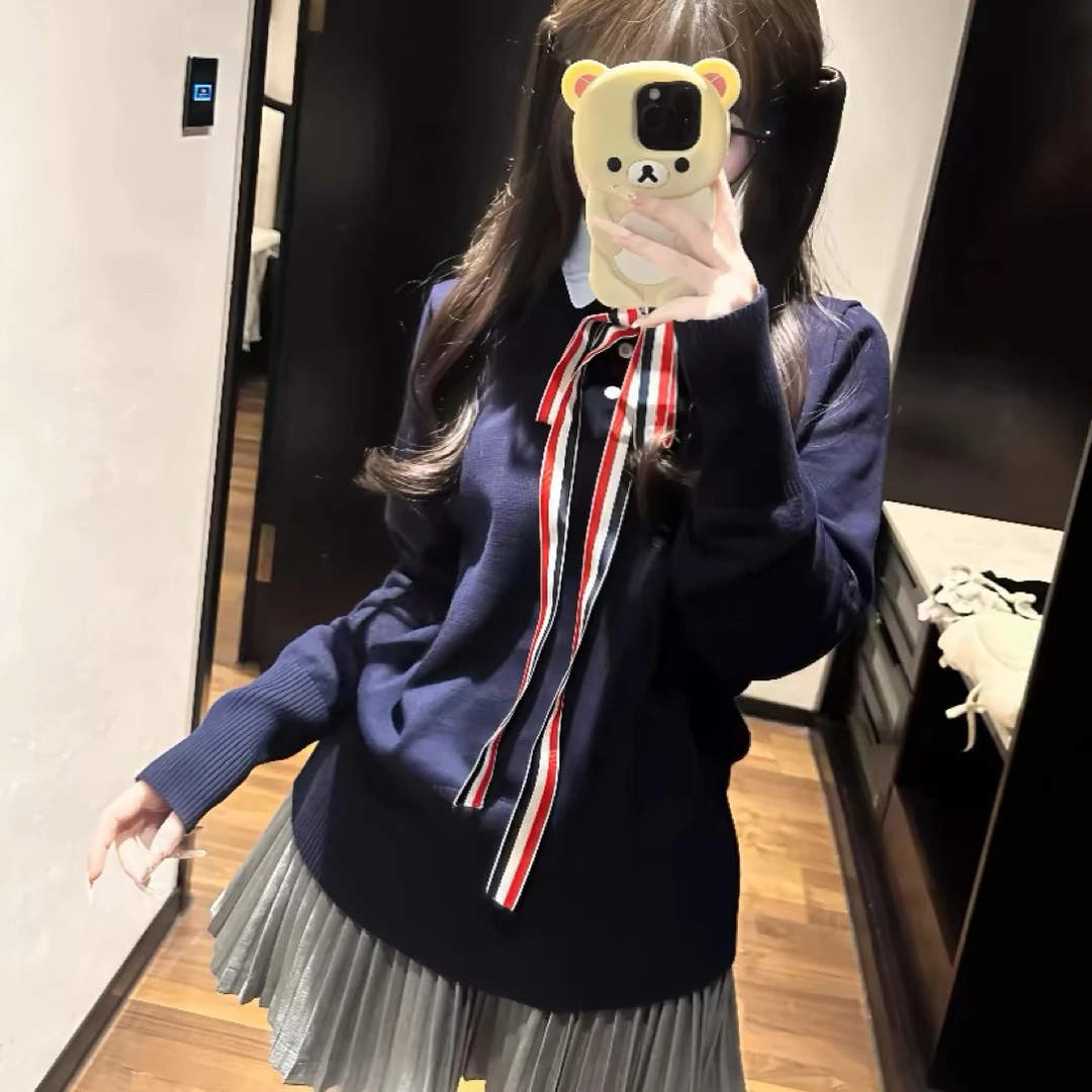 学院风tb翻领Polo系带蝴蝶结羊毛针织衫毛衣宽松24减龄假两件上衣