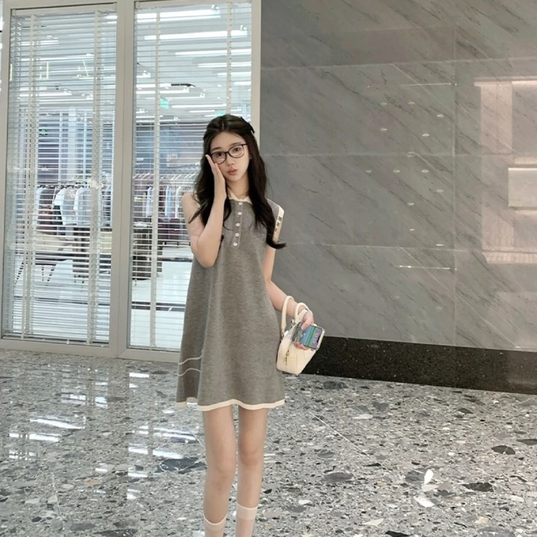 TB学院风四杠条纹撞色翻领针织连衣裙 设计感侧边狗狗背心A字裙女