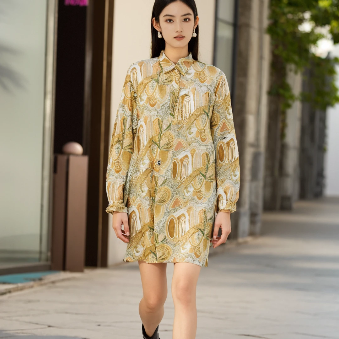 丽某莫精选女装新款洋气通勤气质绿色花女士连衣裙-3690