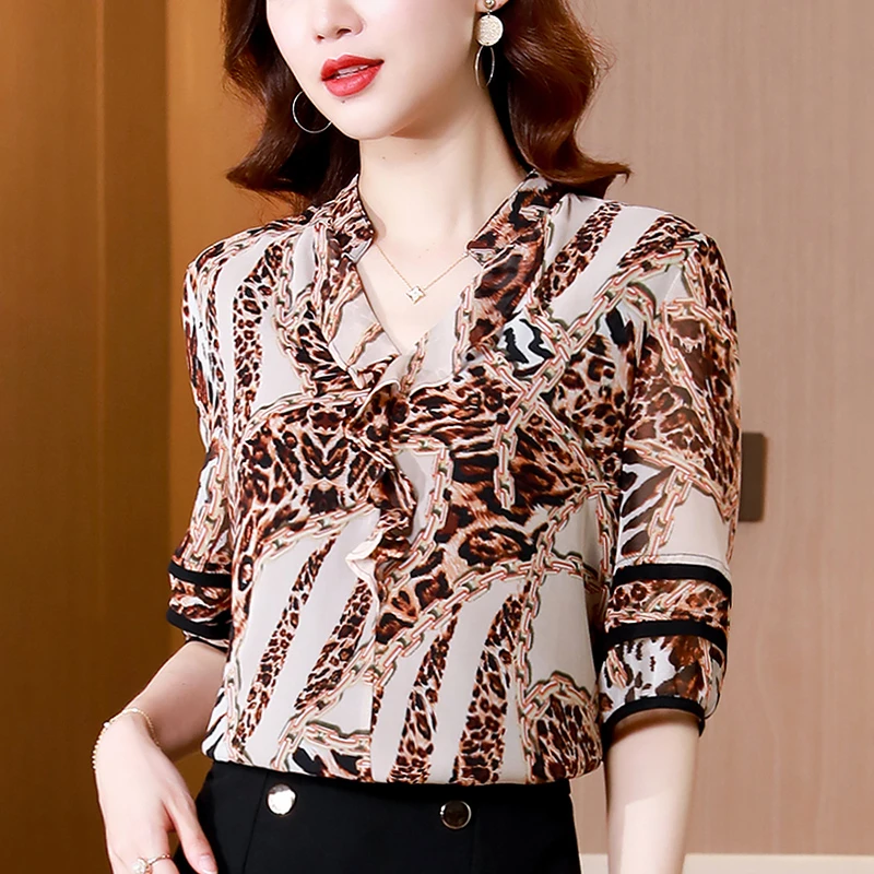 9732性感知性花色豹纹雪纺衫2023夏季遮肉显瘦百搭时尚洋气女装
